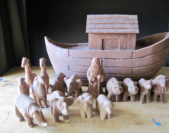 Vintage Resin Noah's Ark Set: Hand Carved Animal Figurines