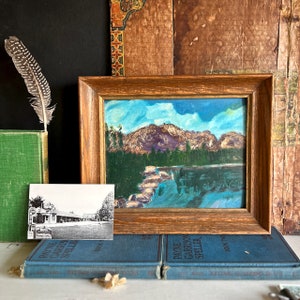 Vintage Oil Painting: Mountain Lake Landscape, Framed Rustic Art