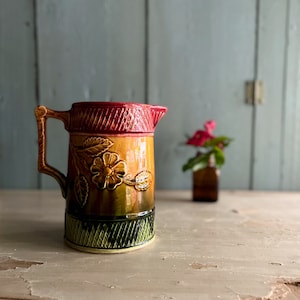 Vintage English Majolica Pitcher: Floral Lattice Earthenware Vase