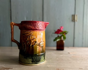 English Majolica Pitcher with Floral Lattice Motif, Majolica Vase, Vintage Antique Majolica, Old Majolica, Cottage Style Decor