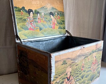 Antique Asian Tea Box, Tin-Lined Box, Tea Harvesting, Eclectic Bohemian Decor, Tea Lovers Gift, Antique Storage Box, Global Decor