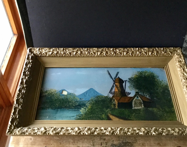 Antique Reverse Painting, Reverse Glass Painting, Wind Mill Windmill