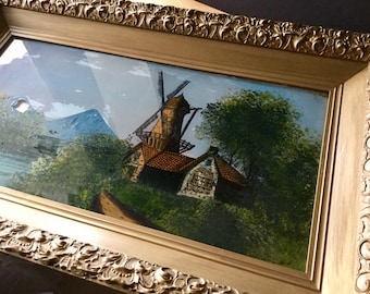 Antique Reverse Painting, Reverse Glass Painting, Wind Mill Windmill, Vintage Painting, Antique Painting, Ornate Wooden Frame, Framed Art