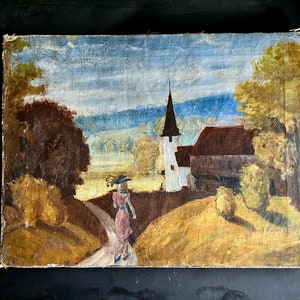 Rustic Old Landscape Painting with Church, Serene Countryside, Eclectic Decor, Original Art, Vintage Oil Painting, European Style Art afbeelding 2