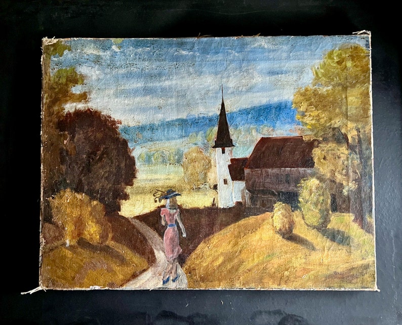 Rustic Old Landscape Painting with Church, Serene Countryside, Eclectic Decor, Original Art, Vintage Oil Painting, European Style Art afbeelding 2