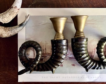 Chapman Brass and Bronze Ram Horn Candle Holders, 1970s Decor, Hollywood Regency Style, Eclectic Decor, Vintage Candle Holders