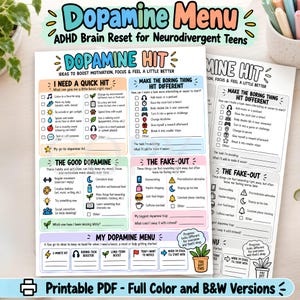 Puede incluir: Una hoja de trabajo imprimible Dopamine Menu para adolescentes neurodivergentes con secciones tituladas Dopamine Hit, The Good Dopamine, The Fake-Out y My Dopamine Menu. El documento incluye listas de verificación, iconos y líneas para rellenar.