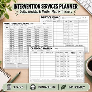 May include: A set of three printable intervention services planner pages featuring a weekly caseload schedule, a daily caseload intervention services form, and a caseload matrix student services at a glance tracker with black text on white paper.