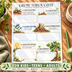 May include: A white paper worksheet titled GROW THROUGH IT A PERSONAL GROWTH REFLECTION with six numbered sections featuring watercolor illustrations of plants, a watering can, a sun, and trees, each with blank boxes for writing responses.