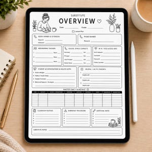 May include: A digital tablet displaying a black and white substitute teacher overview template. The form includes sections for room numbers, school contacts, Wi-Fi info, student accommodations, a master daily schedule, and emergency procedures.