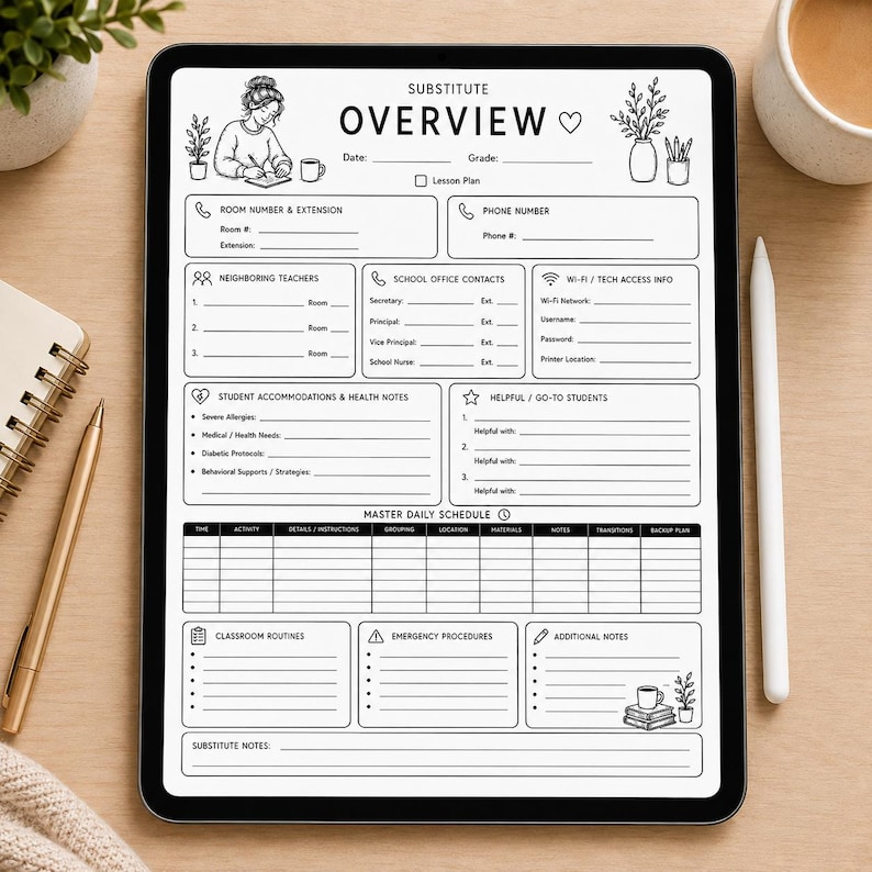 May include: A digital tablet displaying a black and white substitute teacher overview template. The form includes sections for room numbers, school contacts, Wi-Fi info, student accommodations, a master daily schedule, and emergency procedures.