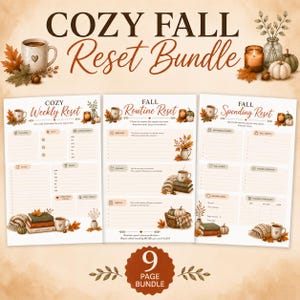 Könnte beinhalten: Ein digitales druckbares Set mit dem Titel COZY FALL Reset Bundle, bestehend aus drei Planerseiten: Weekly Reset, Routine Reset und Spending Reset. Jede Seite enthält Abschnitte für Notizen und Listen, verziert mit Illustrationen von Tassen, Kürbissen, Büchern und Herbstblättern.