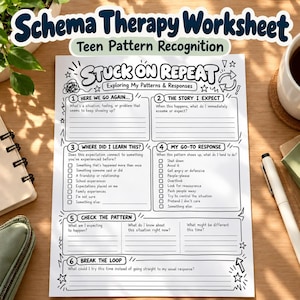 Puede incluir: Una hoja de trabajo de papel blanco titulada Schema Therapy Worksheet Teen Pattern Recognition y Stuck On Repeat Exploring My Patterns & Responses. El documento presenta seis secciones numeradas con indicaciones, casillas de verificación y líneas para respuestas escritas.