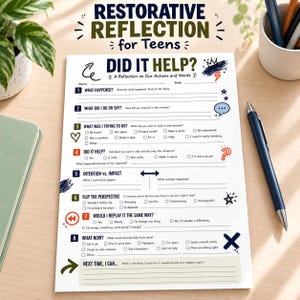 Teen Behavior Reflection Worksheet | Restorative Justice Think Sheet | Middle & High School CBT Detention Activity | Mindfulness Log PDF