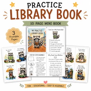 Peut inclure: Un mini-livre imprimable de 10 pages intitulé Practice Library Book avec des illustrations de raton laveur. L'ensemble comprend 3 pages imprimables avec des instructions d'assemblage, une liste de contrôle et des conseils éducatifs.