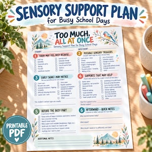 Op de afbeelding: Een printbaar PDF-plan voor sensorische ondersteuning tijdens drukke schooldagen, voorzien van een genummerde checklist met secties voor triggers, signalen en ondersteuningsstrategieën, inclusief aquarelillustraties van bergen en een blauwe vogel.