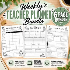Weekly Teacher Planner Bundle Etsy thumbnail showing 6 printable and digitally compatible, black and white PDF planning pages, including weekly curriculum, assessment, and lesson plan templates for teachers.