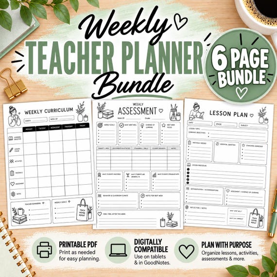 6pg Ink-Friendly Teacher Planner Bundle, Minimalist Weekly Lesson Plan Template, Substitute Binder, Curriculum Tracker PDF