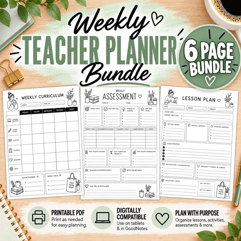Weekly Teacher Planner Bundle Etsy thumbnail showing 6 printable and digitally compatible, black and white PDF planning pages, including weekly curriculum, assessment, and lesson plan templates for teachers.
