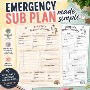 May include: A printable emergency substitute teacher plan template featuring a beige and white layout with a cartoon duck illustration. The document includes sections for class information, daily schedules, classroom expectations, and emergency contact details.