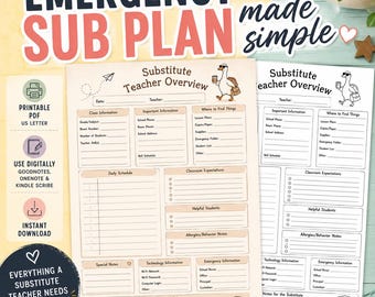 May include: A printable emergency substitute teacher plan template featuring a beige and white layout with a cartoon duck illustration. The document includes sections for class information, daily schedules, classroom expectations, and emergency contact details.
