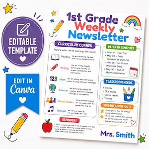 May include: A 1st Grade Weekly Newsletter template featuring colourful icons of a pencil, rainbow, and apple. The document includes sections for Curriculum Corner, Dates to Remember, Classroom Needs, Student Shout-outs, and Reminders, with text by Mrs. Smith.
