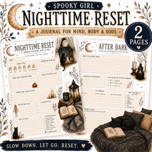 May include: Two printable journal pages titled Spooky Girl Nighttime Reset and After Dark. The pages feature cream backgrounds with dark brown text, illustrations of crescent moons, black cats, candles, books, and a cosy blanket.
