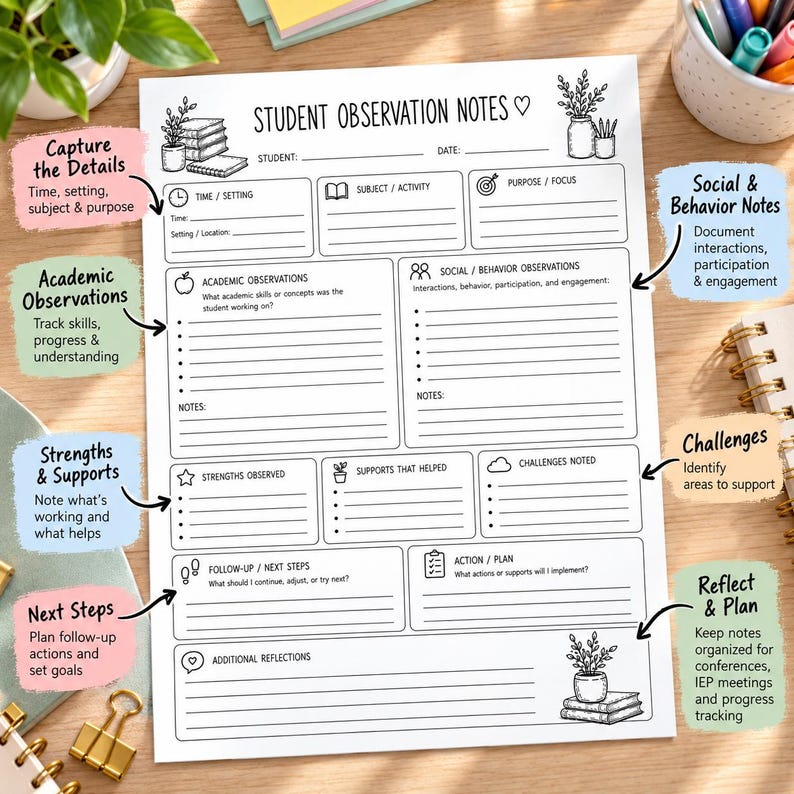 May include: A white paper student observation notes form with black ink text and line graphics. Sections include time, setting, subject, purpose, academic observations, social behavior notes, strengths, supports, challenges, follow-up, and action plan.