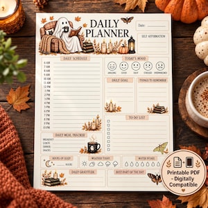 Halloween Planner Page Insert, Cozy Ghost Printable Daily Planner, Vintage Cottagecore Spooky Season PDF