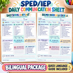 May include: Two printable SPED/IEP daily communication sheets in English and Spanish. Each sheet features sections for student information, daily school snapshots, learning participation, social interactions, and family notes with checkboxes and blank lines.
