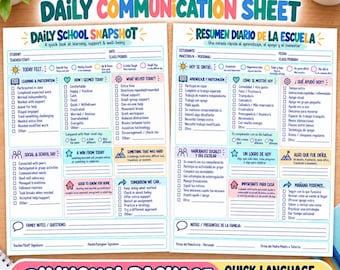 May include: Two printable SPED/IEP daily communication sheets in English and Spanish. Each sheet features sections for student information, daily school snapshots, learning participation, social interactions, and family notes with checkboxes and blank lines.