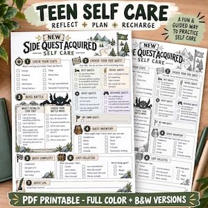 May include: A printable teen self-care worksheet titled New Side Quest Acquired featuring seven sections for tracking stats, choosing quests, managing inventory, and logging loot. The document includes illustrations of mountains, a treasure chest, and a monster.