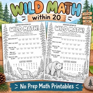 Addition Subtraction Within 20 Worksheets | Grade 1 2 Math Fact Fluency Cryptograms | Wild Animal Crack the Code Morning Work Printable PDF