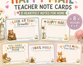 May include: A set of 8 teacher note cards measuring 4 inches by 6 inches, featuring colorful illustrations of animals like bears, a goose, a snail, and a fox. The cards include text such as Happy Mail, Look At That Growth, and You Made A Difference Today, with blank lines for writing messages from the classroom.