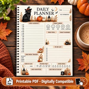 Inserto de página para planificador de Halloween, planificador diario imprimible de gato negro, PDF de temporada espeluznante con estilo cottagecore vintage