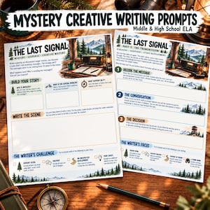 May include: Two white paper sheets titled Mystery Creative Writing Prompts and The Last Signal Part 2: The Transmission. The pages feature mountain and forest illustrations, writing sections for story building, and a pencil resting nearby.