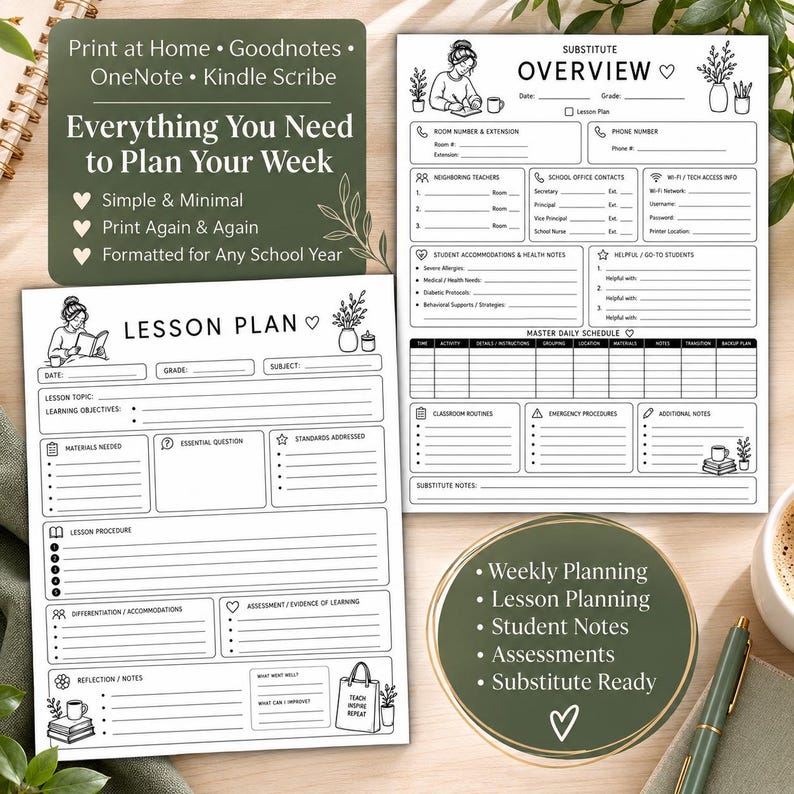 May include: Two white paper lesson planning sheets with black text and line illustrations. One sheet is titled Lesson Plan with sections for objectives, materials, and procedures. The other is titled Substitute Overview with contact and schedule fields.