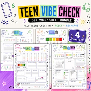 Könnte beinhalten: Ein digitales Arbeitsblatt-Paket mit dem Titel TEEN VIBE CHECK, bestehend aus vier druckbaren Seiten mit bunten Kritzeleien, darunter Symbole für Smartphones, Kopfhörer und Gamecontroller, zur täglichen und wöchentlichen Selbstreflexion.