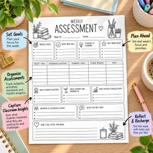 May include: A white paper weekly assessment planner sheet with black text and line drawings of books, plants, and a jar of pencils. The layout includes sections for weekly goals, student progress, classroom insights, and notes for the next week.