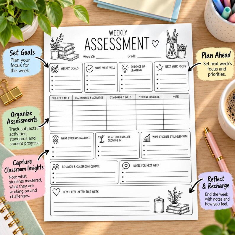 May include: A white paper weekly assessment planner sheet with black text and line drawings of books, plants, and a jar of pencils. The layout includes sections for weekly goals, student progress, classroom insights, and notes for the next week.