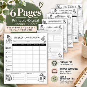 May include: A 6-page printable and digital teacher planner bundle featuring black and white templates for weekly curriculum, lesson plans, student observation notes, substitute overview, materials and prep checklists, and weekly assessments with line art.