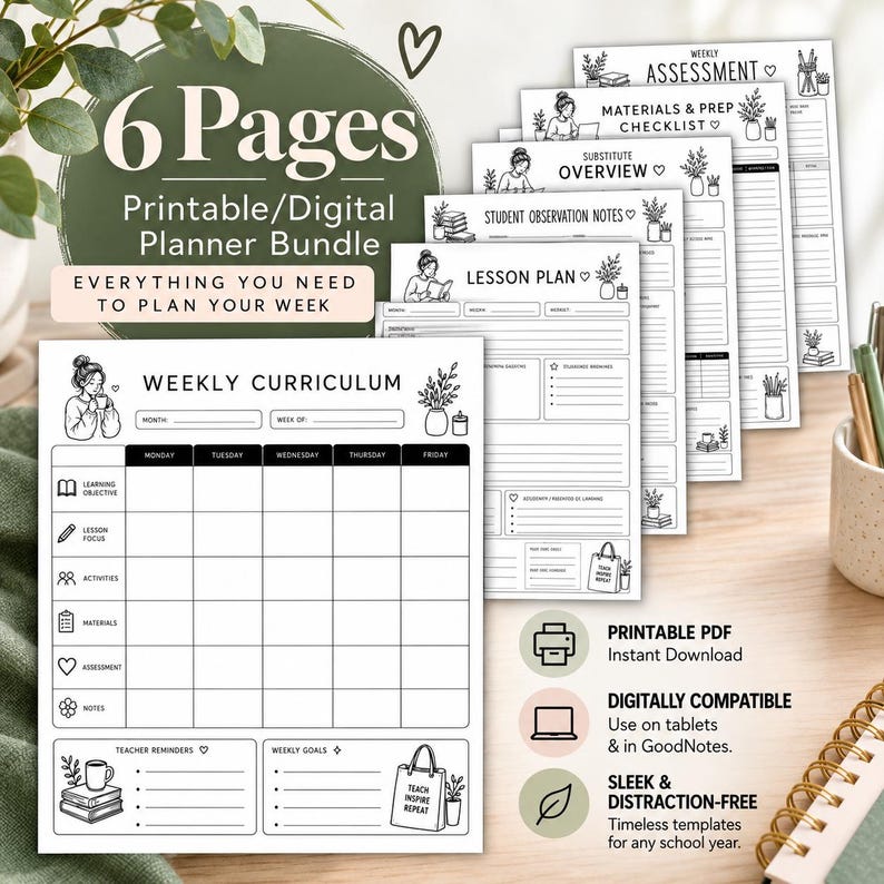 May include: A 6-page printable and digital teacher planner bundle featuring black and white templates for weekly curriculum, lesson plans, student observation notes, substitute overview, materials and prep checklists, and weekly assessments with line art.