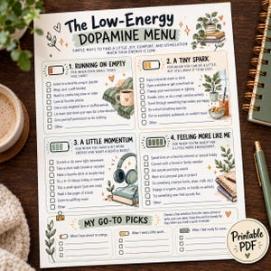 May include: A printed checklist titled The Low-Energy Dopamine Menu, featuring four sections for energy levels with checkboxes and illustrations of a mug, headphones, and books. The document includes text prompts for self-care activities.