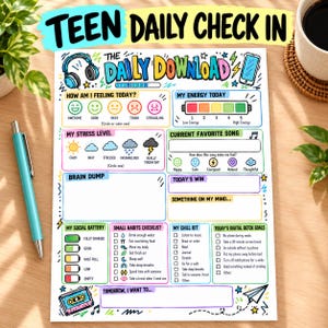 May include: A printed daily check-in sheet titled The Daily Download featuring sections for mood, energy, stress, brain dump, social battery, habits, and digital detox goals. The page includes colourful icons, checkboxes, and text prompts.