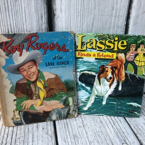 TV friends Childrens Books. Roy Rogers book 1950. Lassie book 1970s. Vintage childrens books. Shabby book set