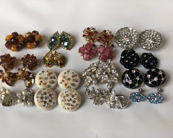 Vintage Clip on Rhinestone Earrings. 16 pairs vintage Earrings. Sparkling earrings