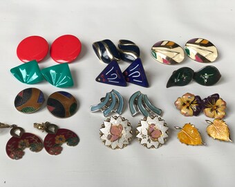 One Dozen Vintage Clip on Earrings. Enamel jewelry. Vintage fashion accessories