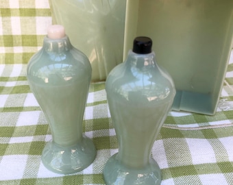 Jadite green salt and pepper set. Boxed celluloid salt and pepper shakers 1930