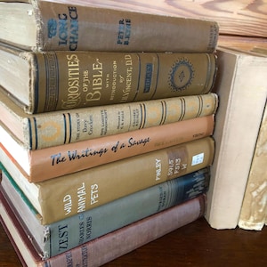 May include: A stack of vintage books with various titles and colors. The books have aged covers in shades of brown, tan, and green. Titles include "Curiosities of the Bible" and "The Writings of a Savage."