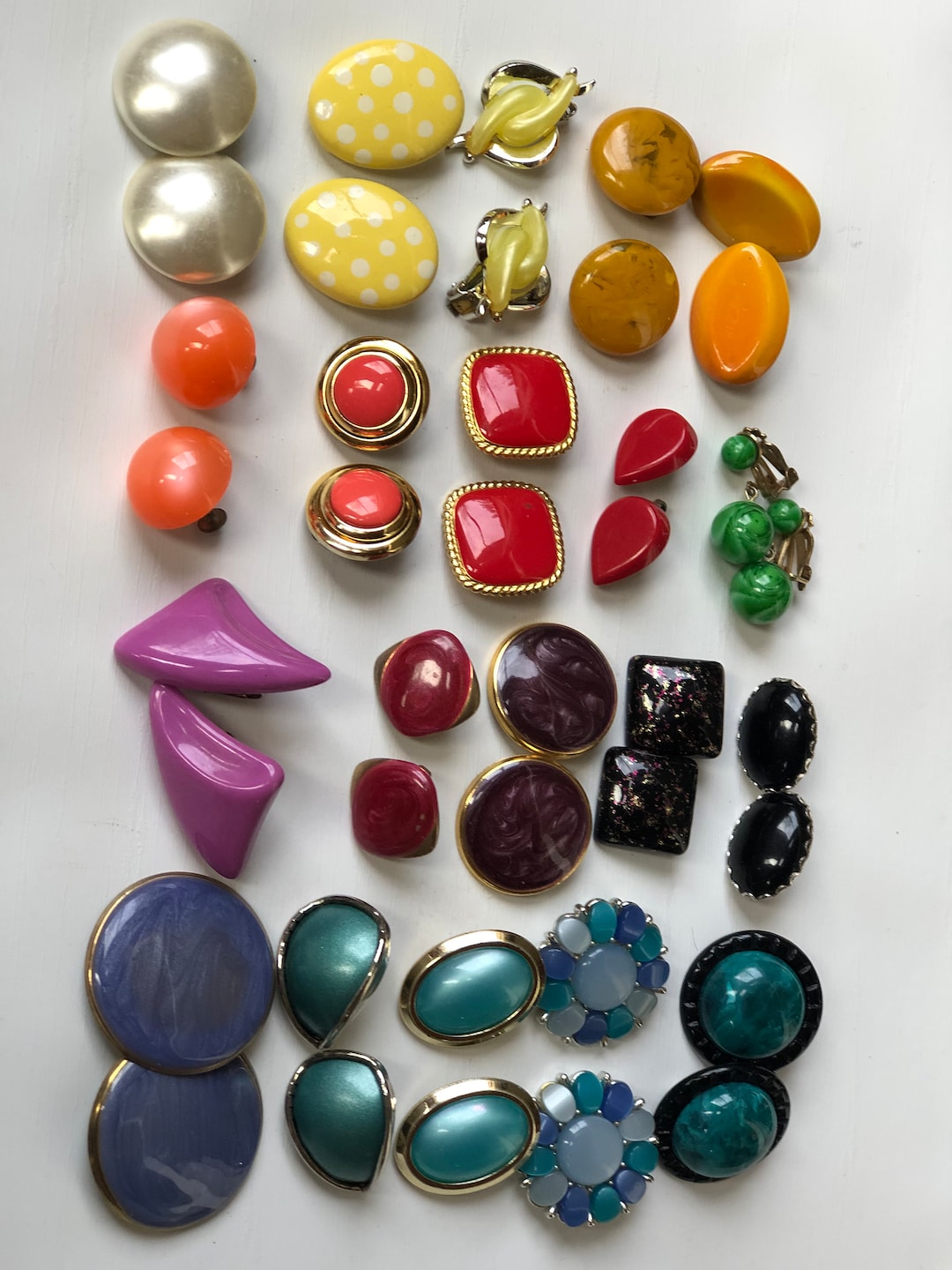 20 Pairs of Clip on Earrings. Vintage Plastic Earrings. Groovy Earrings